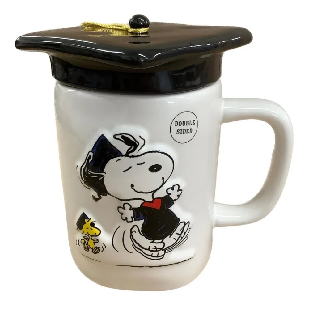 Rae Dunn White Mug with Black Graduation Cap Lid and Snoopy Design